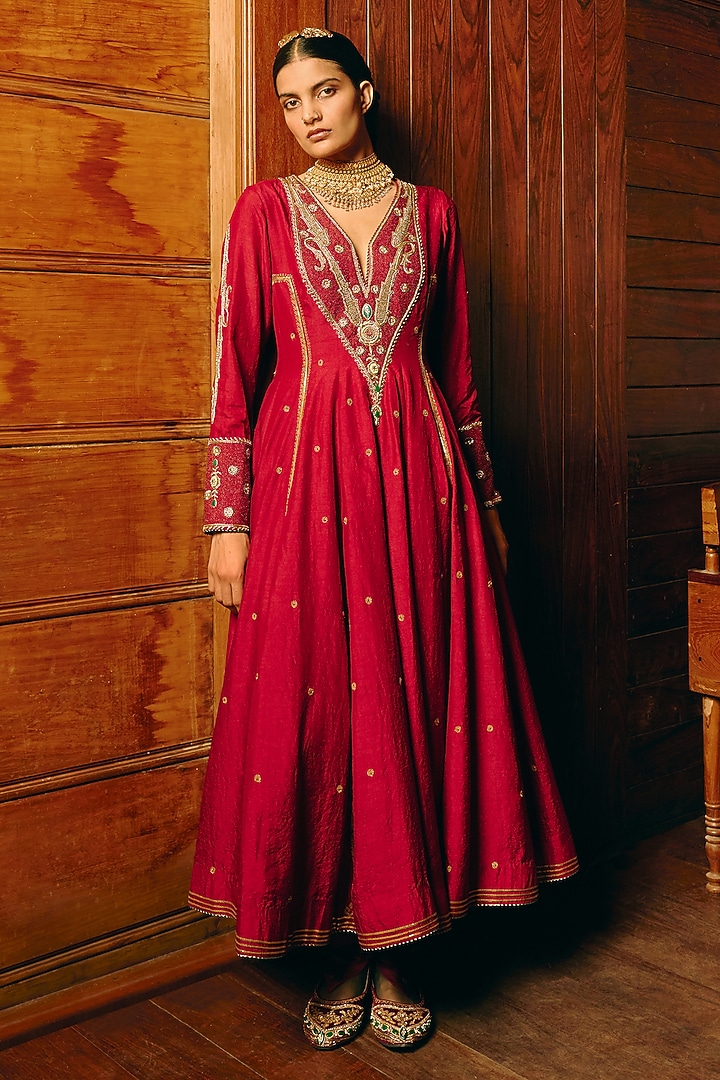 Maroon Silk Dori & Zari Work Bridal Anarkali Set by Aditi Gupta at Pernia's Pop Up Shop