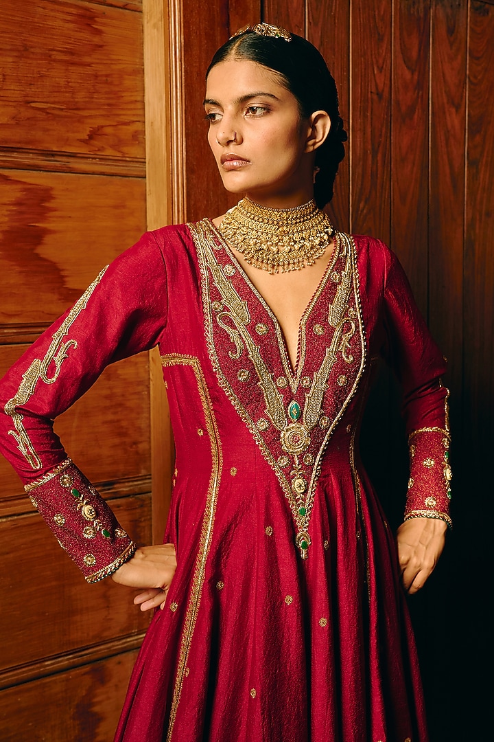 Maroon Silk Dori & Zari Work Bridal Anarkali Set by Aditi Gupta at Pernia's Pop Up Shop