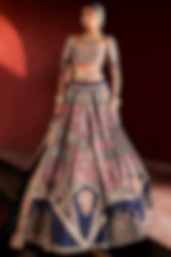 Dark Blue Jamawar Silk Hand Embroidered Bridal Lehenga Set by Aditi Gupta at Pernia's Pop Up Shop