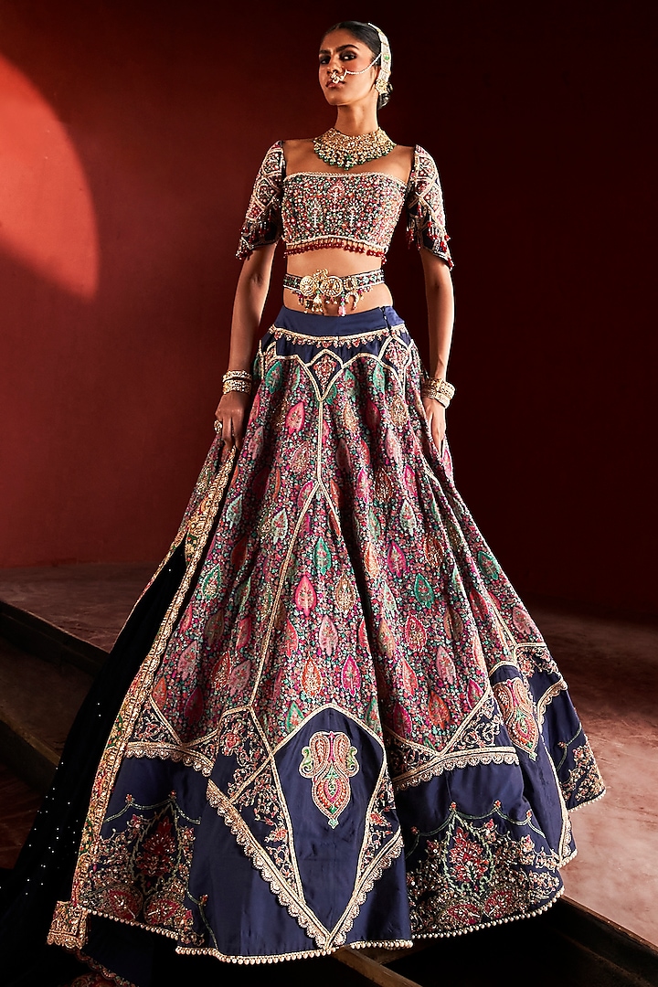 Dark Blue Jamawar Silk Hand Embroidered Bridal Lehenga Set by Aditi Gupta at Pernia's Pop Up Shop
