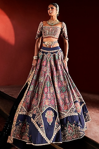 Dark Blue Jamawar Silk Hand Embroidered Lehenga Set by Aditi Gupta