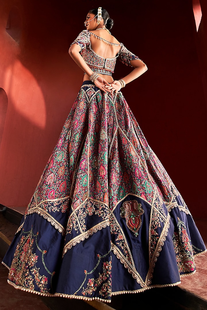 Dark Blue Jamawar Silk Hand Embroidered Bridal Lehenga Set by Aditi Gupta at Pernia's Pop Up Shop