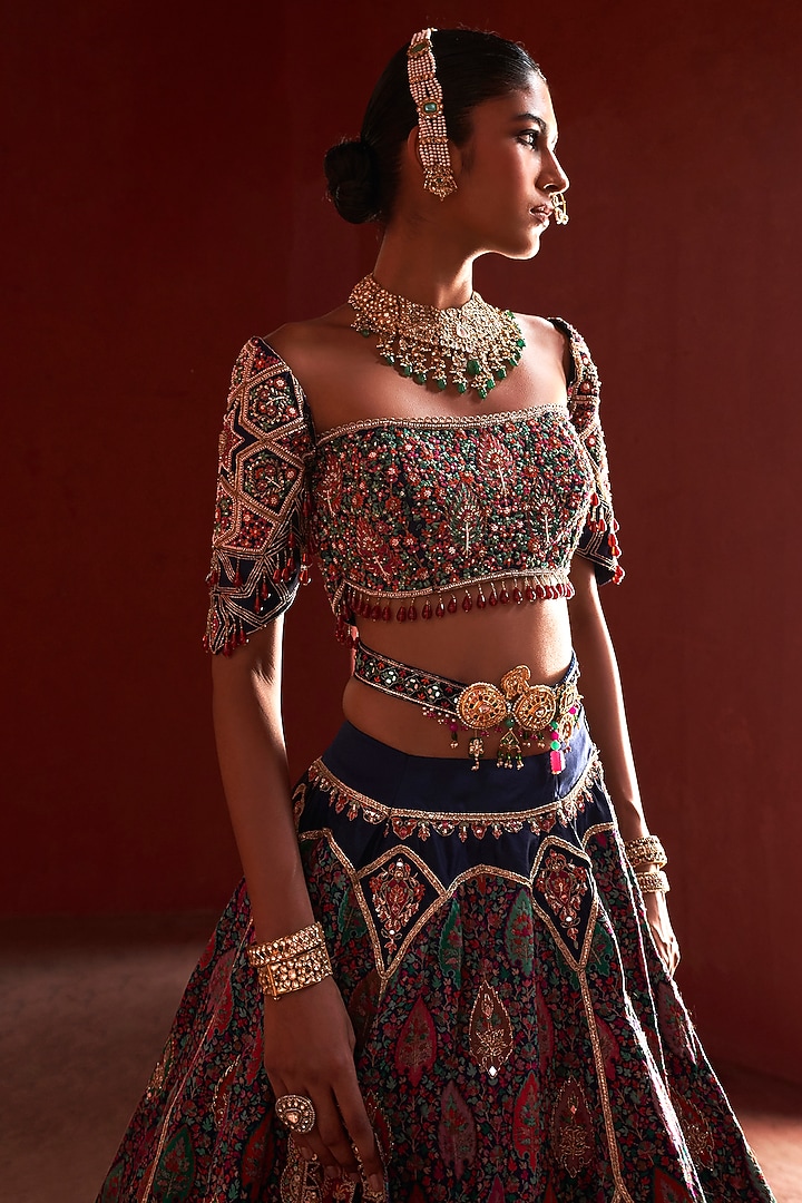 Dark Blue Jamawar Silk Hand Embroidered Bridal Lehenga Set by Aditi Gupta at Pernia's Pop Up Shop