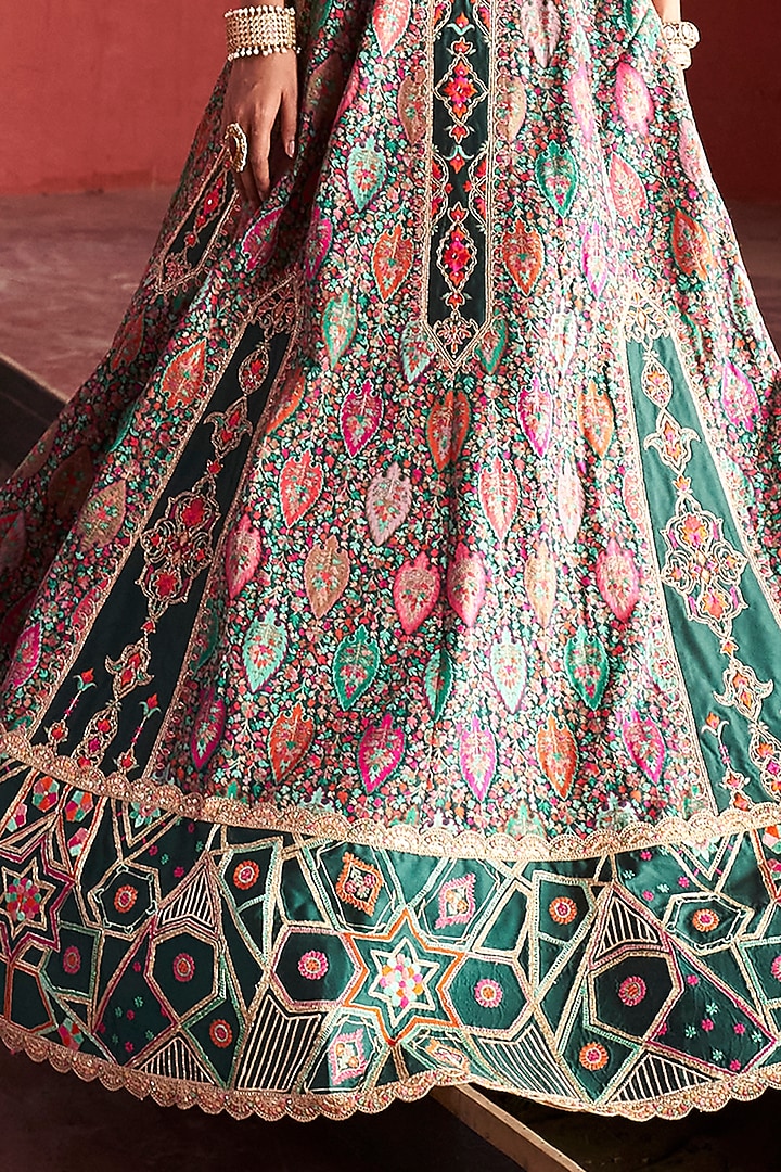 Dark Green Jamawar Silk Bead Embroidered Jacket Bridal Lehenga Set by Aditi Gupta at Pernia's Pop Up Shop