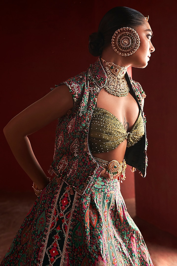 Dark Green Jamawar Silk Bead Embroidered Jacket Bridal Lehenga Set by Aditi Gupta at Pernia's Pop Up Shop