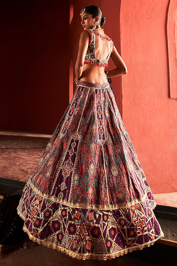 Dark Purple Jamawar Silk Applique Embroidered Bridal Lehenga Set by Aditi Gupta at Pernia's Pop Up Shop