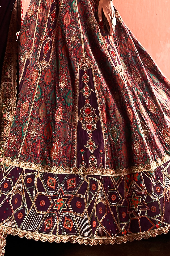Dark Purple Jamawar Silk Applique Embroidered Bridal Lehenga Set by Aditi Gupta at Pernia's Pop Up Shop