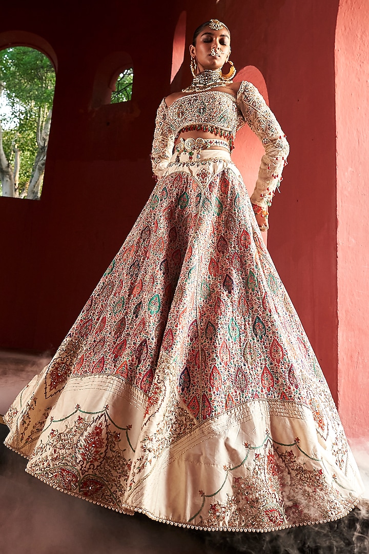 Ivory Jamawar Silk Applique Embroidered Lehenga Set by Aditi Gupta