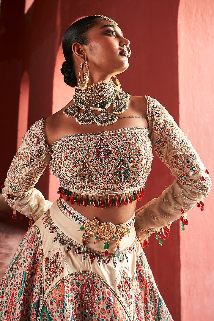 Ivory Jamawar Silk Applique Embroidered Bridal Lehenga Set by Aditi Gupta at Pernia's Pop Up Shop