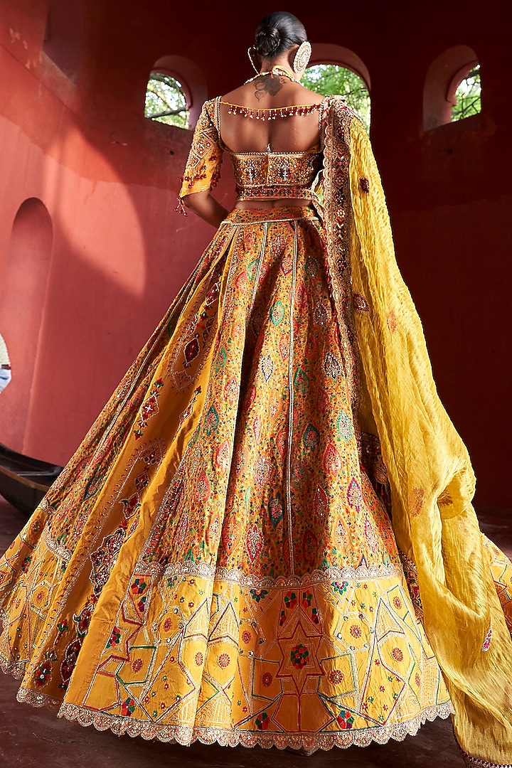 Mustard Yellow Jamawar Silk Applique Embroidered Bridal Lehenga Set by Aditi Gupta at Pernia's Pop Up Shop