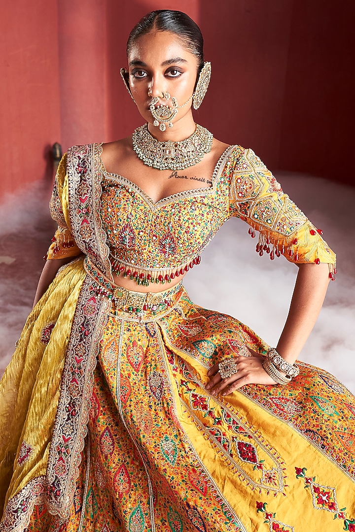 Mustard Yellow Jamawar Silk Applique Embroidered Bridal Lehenga Set by Aditi Gupta at Pernia's Pop Up Shop