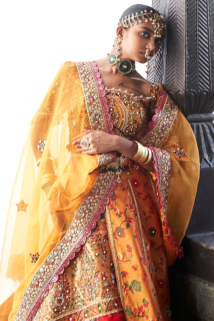 Mustard Kani Silk Hand Embroidered Wedding Lehenga Set by Aditi Gupta at Pernia's Pop Up Shop