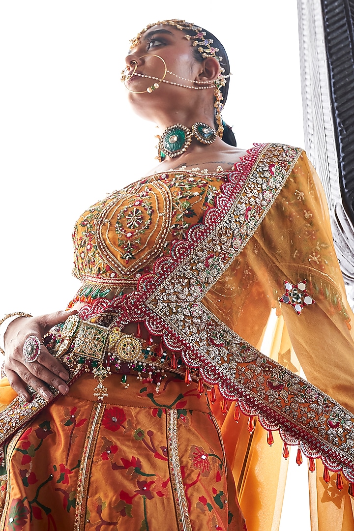 Mustard Kani Silk Hand Embroidered Wedding Lehenga Set by Aditi Gupta at Pernia's Pop Up Shop