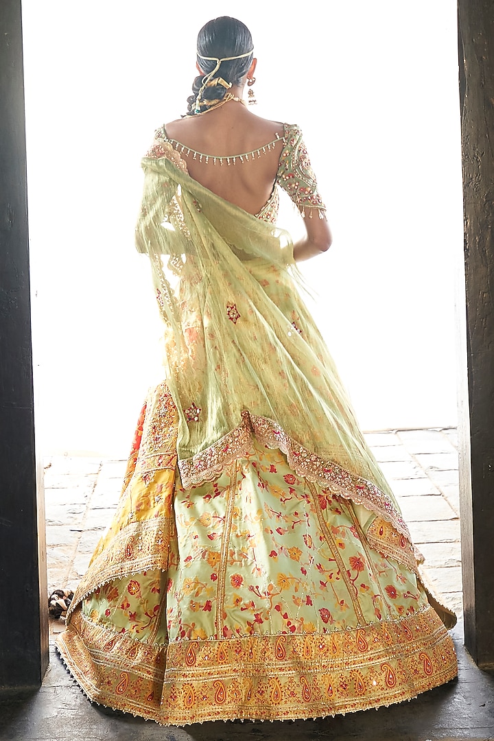 Pista Green Kani Silk Hand Embroidered Wedding Lehenga Set by Aditi Gupta at Pernia's Pop Up Shop