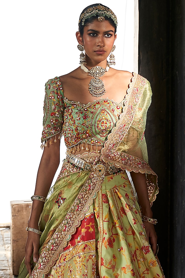Pista Green Kani Silk Hand Embroidered Wedding Lehenga Set by Aditi Gupta at Pernia's Pop Up Shop