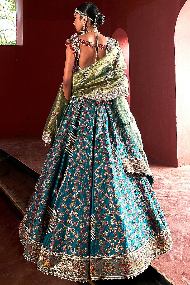 Teal Green Kani Silk Hand Embroidered Wedding Lehenga Set by Aditi Gupta at Pernia's Pop Up Shop