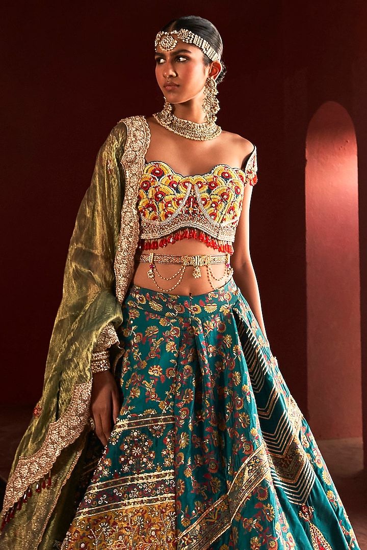 Teal Green Kani Silk Hand Embroidered Wedding Lehenga Set by Aditi Gupta at Pernia's Pop Up Shop