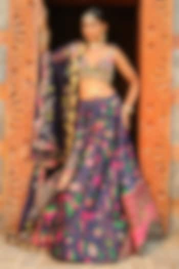 Dark Teal Blue Paithani Silk Pearl Embellished Bridal Lehenga Set by Aditi Gupta at Pernia's Pop Up Shop