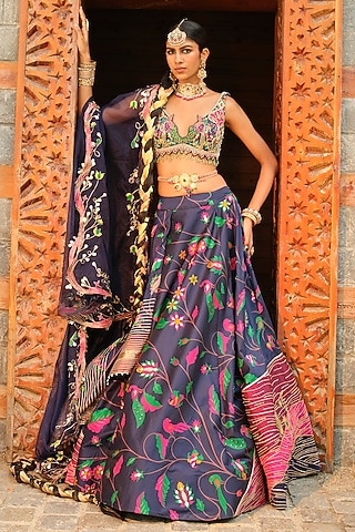 Dark Teal Blue Paithani Silk Pearl Embellished Lehenga Set by Aditi Gupta