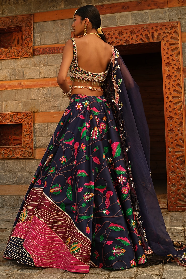 Dark Teal Blue Paithani Silk Pearl Embellished Bridal Lehenga Set by Aditi Gupta at Pernia's Pop Up Shop