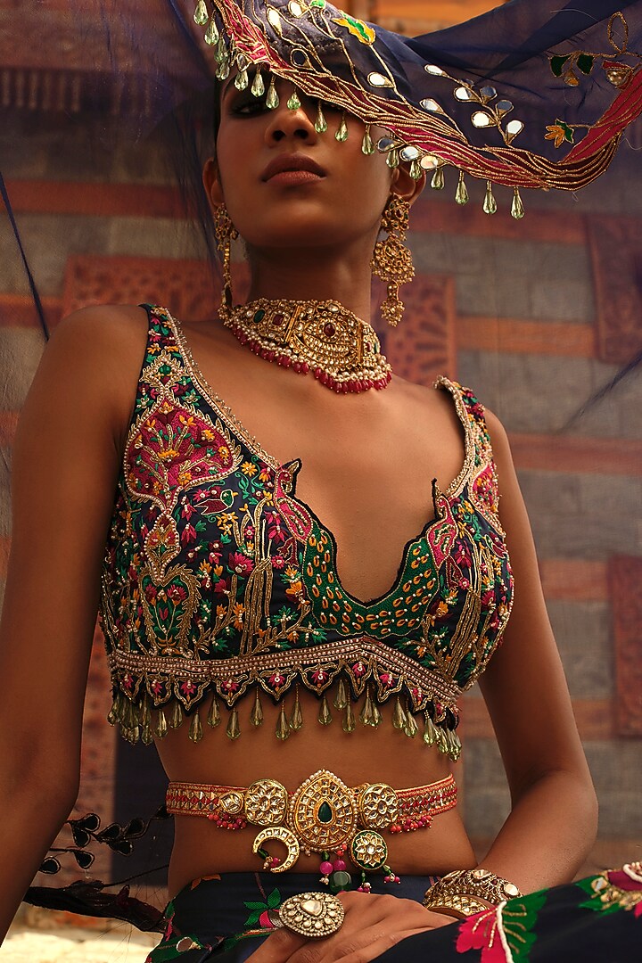 Dark Teal Blue Paithani Silk Pearl Embellished Bridal Lehenga Set by Aditi Gupta at Pernia's Pop Up Shop