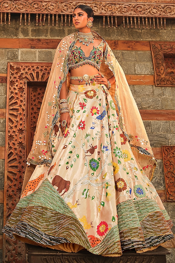 Golden Paithani Silk Pearl Embellished Lehenga Set by Aditi Gupta