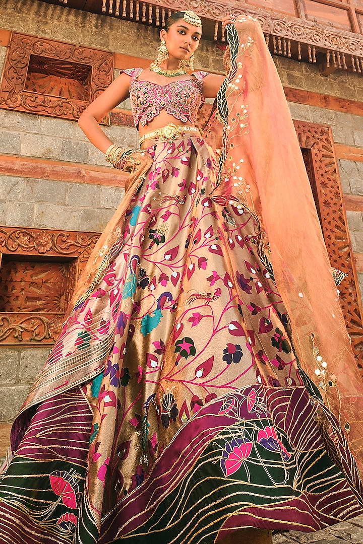 Rose Gold Paithani Silk Pearl Embellished Lehenga Set by Aditi Gupta