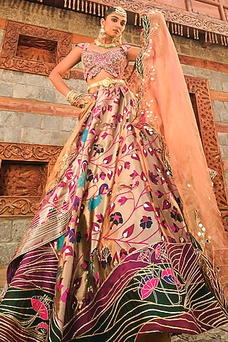 Rose Gold Paithani Silk Pearl Embellished Lehenga Set by Aditi Gupta