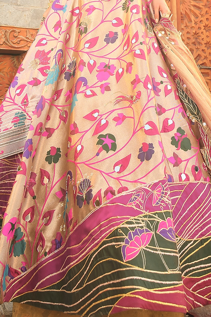 Rose Gold Paithani Silk Pearl Embellished Bridal Lehenga Set by Aditi Gupta at Pernia's Pop Up Shop