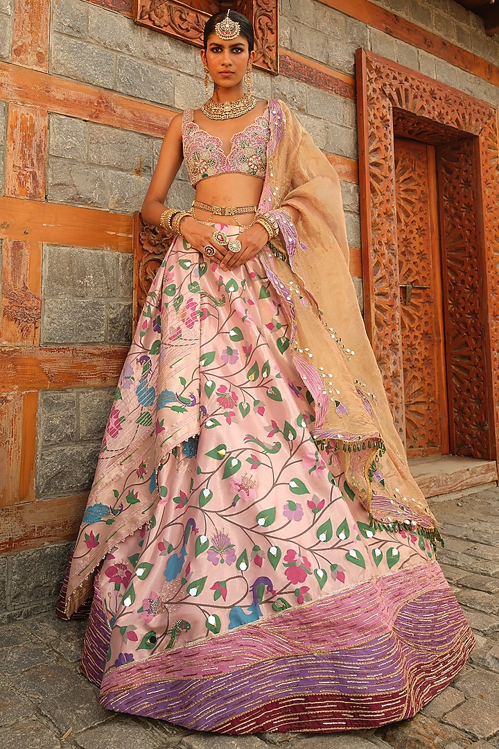 Pink Paithani Silk Pearl Embellished Lehenga Set by Aditi Gupta