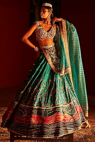 Teal Blue Paithani Silk Pearl Embellished Lehenga Set by Aditi Gupta
