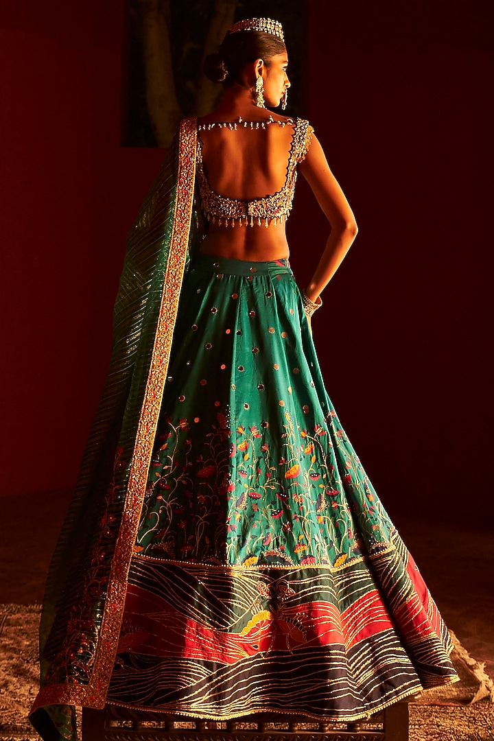 Teal Blue Paithani Silk Pearl Embellished Bridal Lehenga Set by Aditi Gupta at Pernia's Pop Up Shop