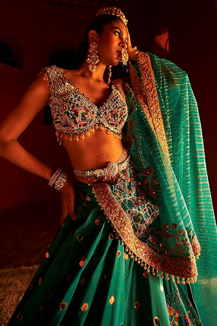Teal Blue Paithani Silk Pearl Embellished Bridal Lehenga Set by Aditi Gupta at Pernia's Pop Up Shop