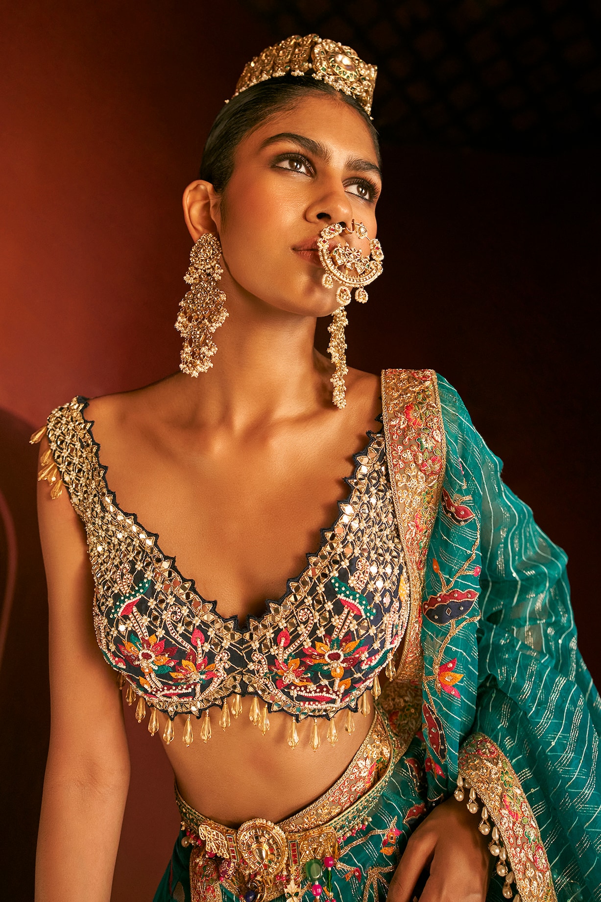 Teal Blue Paithani Silk Pearl Embellished Lehenga Set Design by