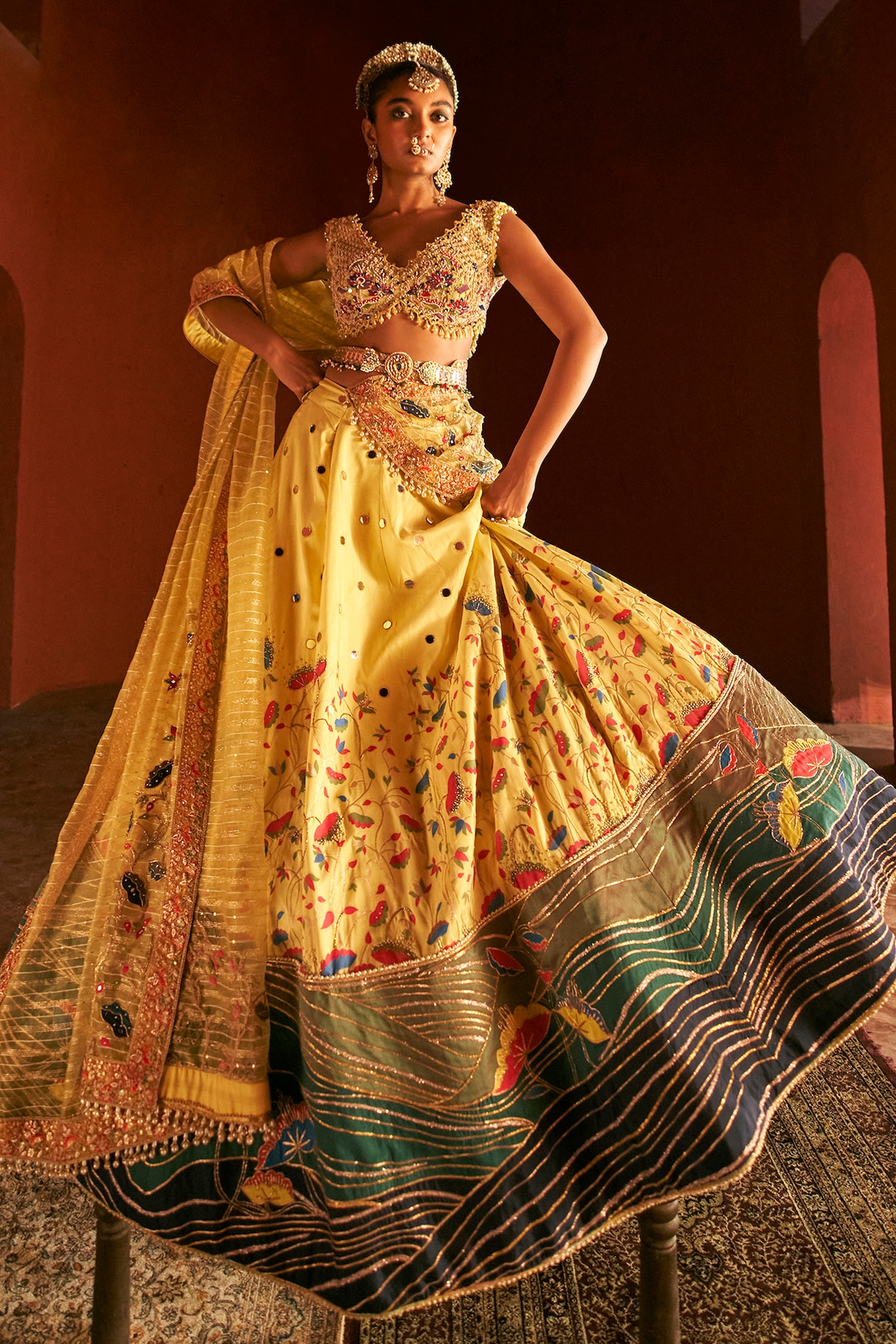 Yellow Paithani Silk Pearl Embellished Lehenga Set Design by Aditi
