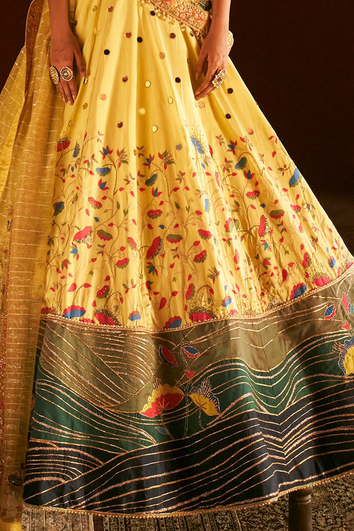Yellow Paithani Silk Pearl Embellished Lehenga Set Design by Aditi