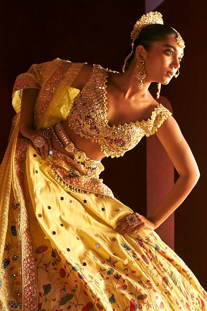 Yellow Paithani Silk Pearl Embellished Lehenga Set Design by Aditi Gupta at  Pernia's Pop Up Shop 2024
