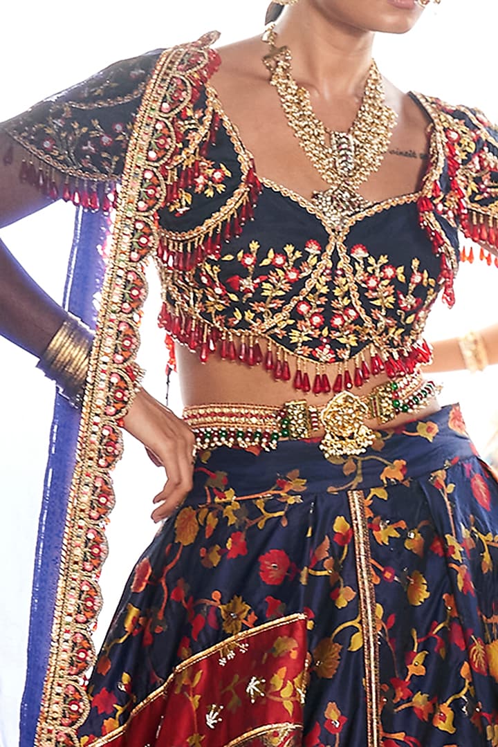 Midnight Blue Kani Silk Hand Embroidered Wedding Lehenga Set by Aditi Gupta at Pernia's Pop Up Shop