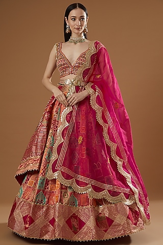 Coral Embroidered Lehenga Set by Aditi Gupta