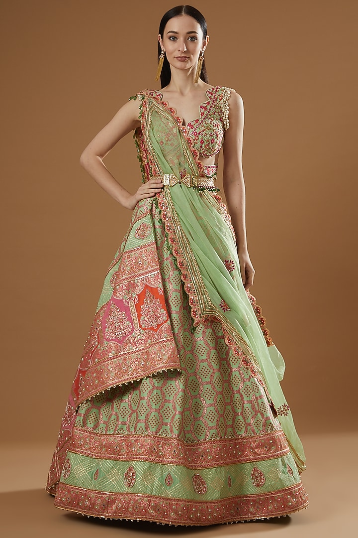 Pista Green Embroidered Wedding Lehenga Set by Aditi Gupta at Pernia's Pop Up Shop