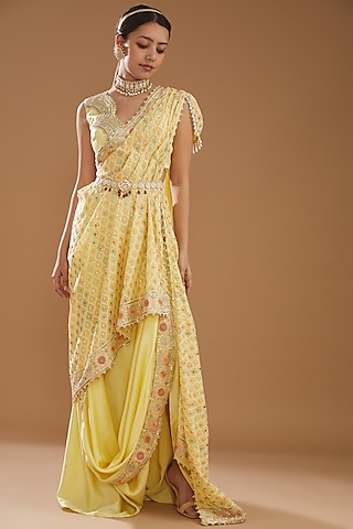 Lemon Yellow Georgette & Silk Satin Embroidered Draped Saree Set by Aditi Gupta