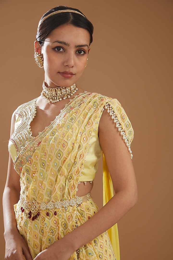 Lemon Yellow Georgette & Silk Satin Embroidered Draped Wedding Saree Set by Aditi Gupta at Pernia's Pop Up Shop