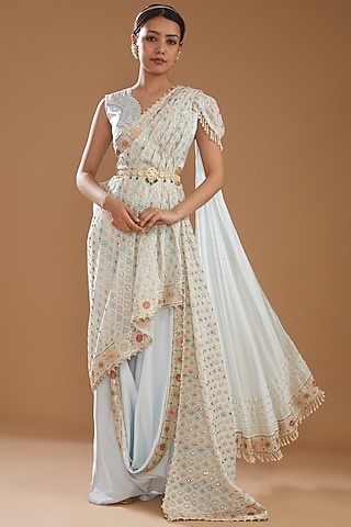 Powder Blue Embroidered Draped Saree Set by Aditi Gupta