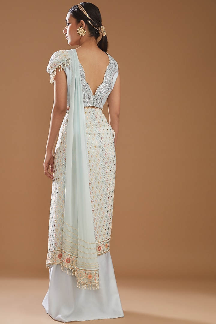 Powder Blue Embroidered Draped Wedding Saree Set by Aditi Gupta at Pernia's Pop Up Shop