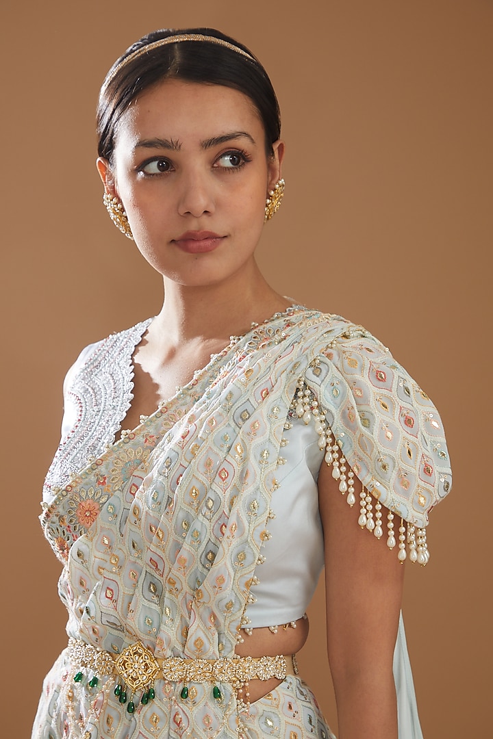 Powder Blue Embroidered Draped Wedding Saree Set by Aditi Gupta at Pernia's Pop Up Shop