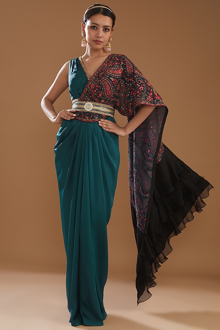 Teal Blue Draped Saree Set With Jamawaar & Thread Work by Aditi Gupta
