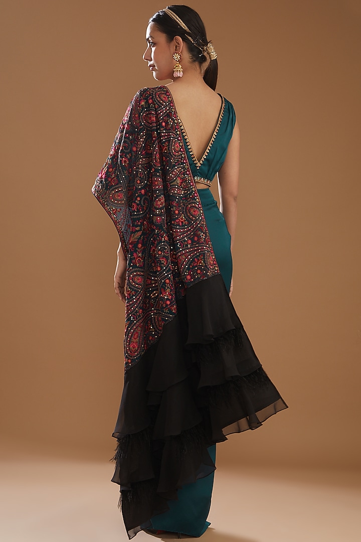 Teal Blue Draped Wedding Saree Set With Jamawaar & Thread Work by Aditi Gupta at Pernia's Pop Up Shop