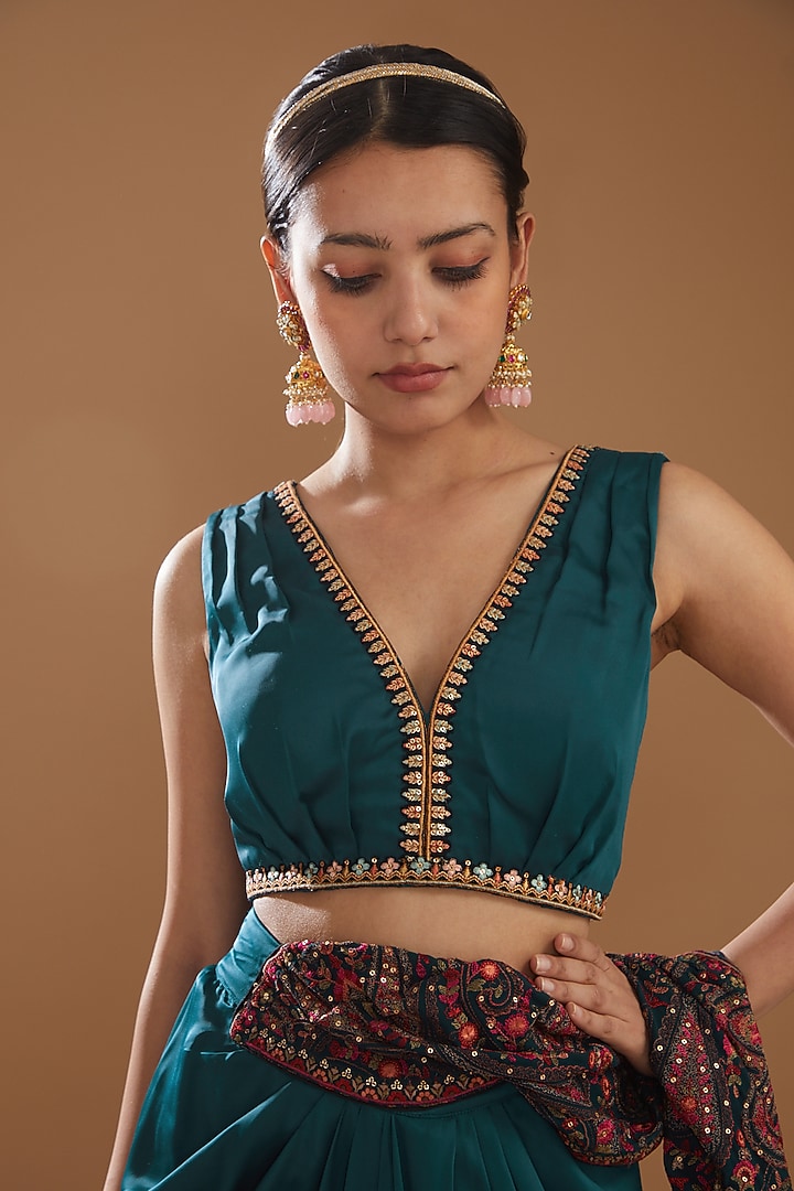 Teal Blue Draped Wedding Saree Set With Jamawaar & Thread Work by Aditi Gupta at Pernia's Pop Up Shop