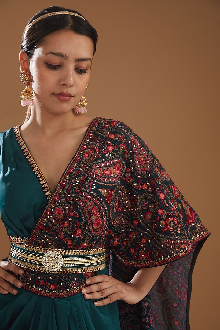 Teal Blue Draped Wedding Saree Set With Jamawaar & Thread Work by Aditi Gupta at Pernia's Pop Up Shop