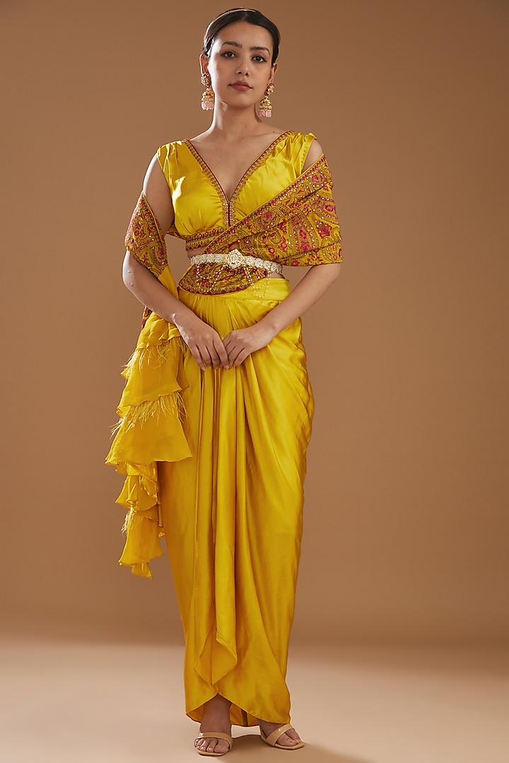 Yellow Georgette & Silk Satin Thread Work Draped Saree Set by Aditi Gupta